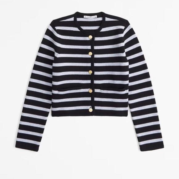 NWT Abercrombie & Fitch LuxeLoft Crew Sweater Jacket Black & Gold Women’s Large - Picture 2 of 11